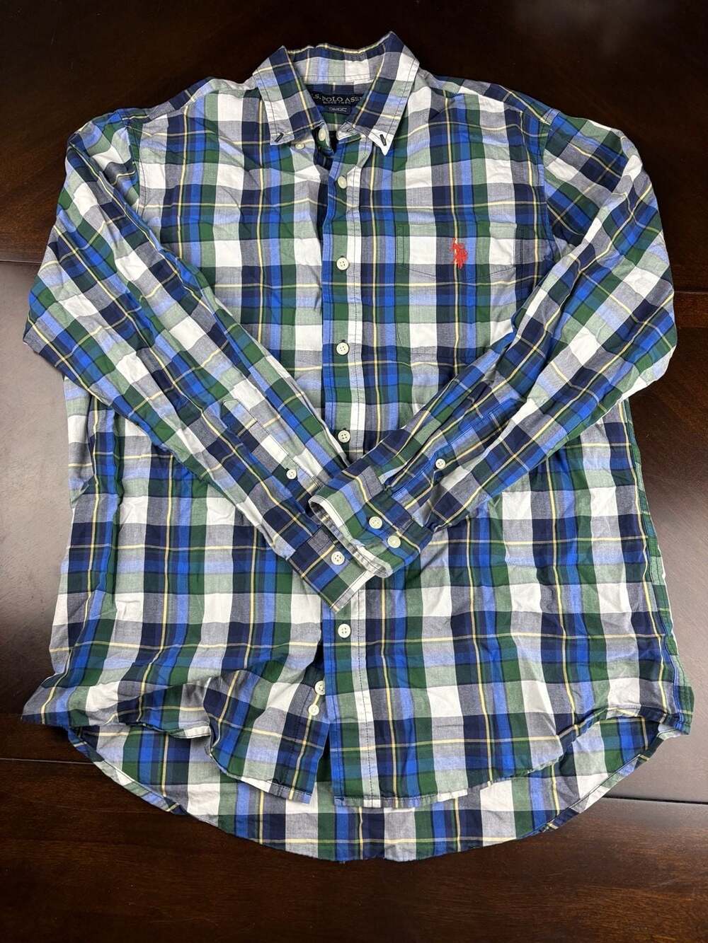 U.S. Polo Assn. Men’s Medium Plaid Button Down Shirt Blue Green 100% Cotton